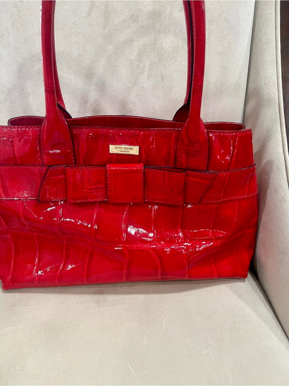 kate spade Red Patent Faux-Croc Shoulder Bag with Bow Detail